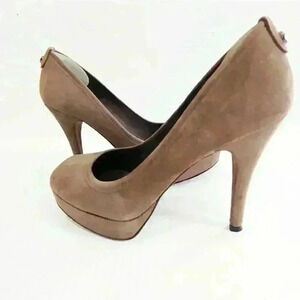 STUART Weitzman Taupe Suede Peeptoe Platform 6.5